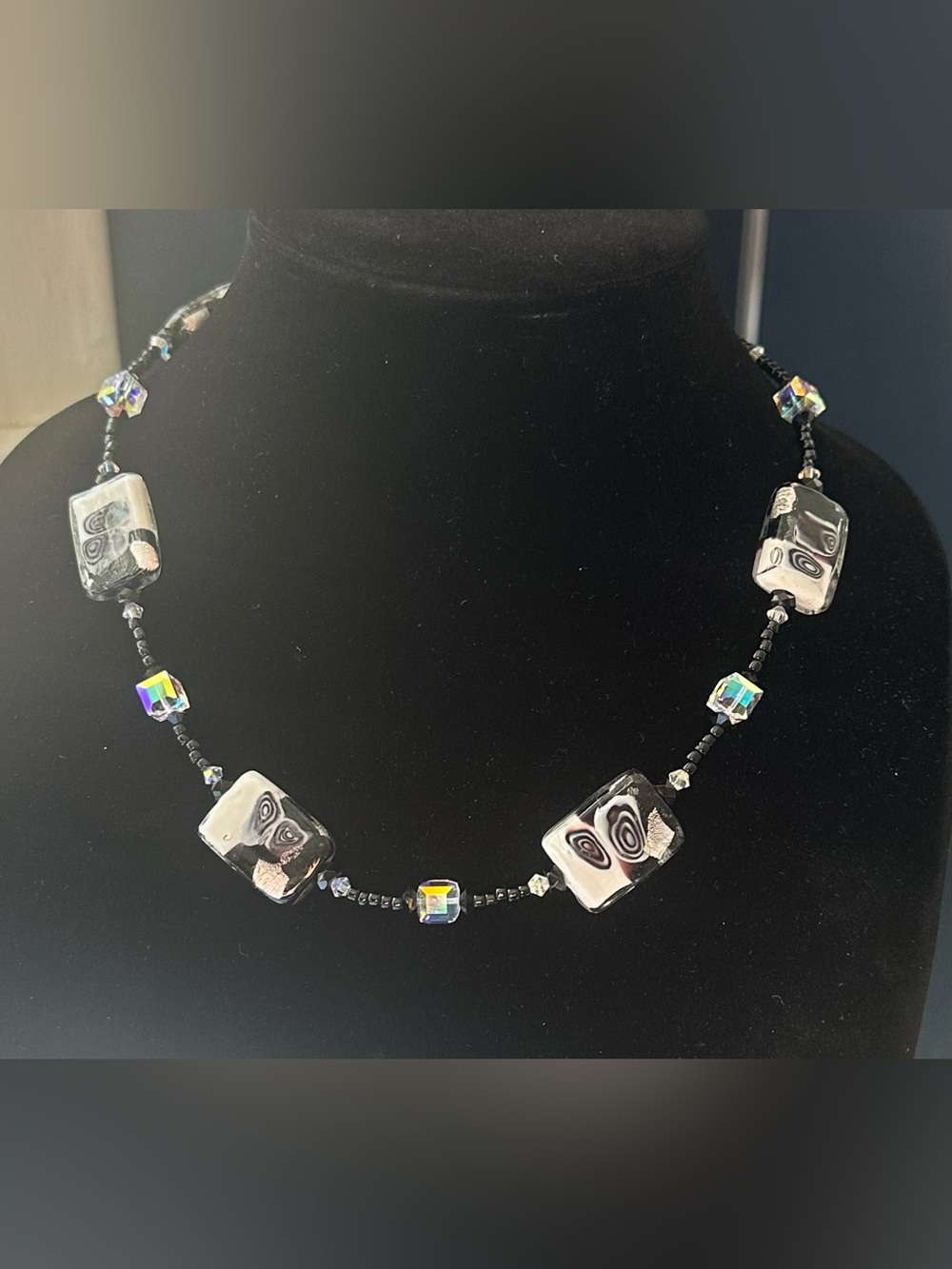 GLASS Black & white Bead Necklace With Iridescent Crystal Borealis Accents